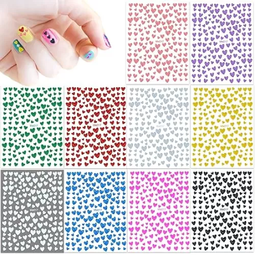 10 Sheets Glitter Heart Nail Stickers for Women Girls Kids Nail Decoration 3D Self Adhesive Shinning Nail Decals for Fingernails and Acrylic Nails Design (Glitter Heart)