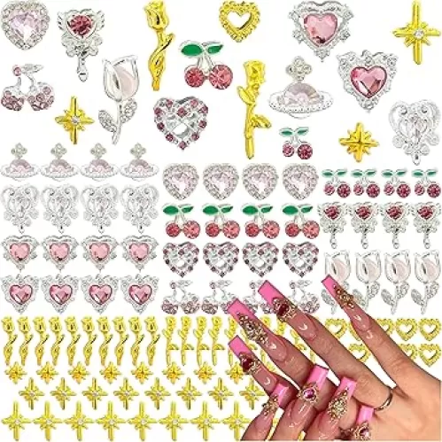 104PCS Silver Nail Charms and Gems, Heart, Cherry, Flower, Planet, Gold Rose, Starburst Charms for Nails Design, 3D Alloy Y2k Nail Jewels Bulk Nail Art Decor Set