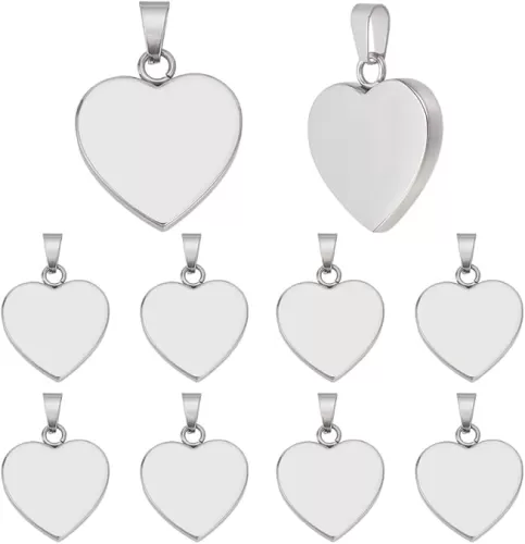 10pcs 304 Stainless Steel Heart Pendants Charms Blank Stamping Tags with Hole for Necklace Bracelet Earrings Pet ID Name Tags DIY Crafts Jewelry Making