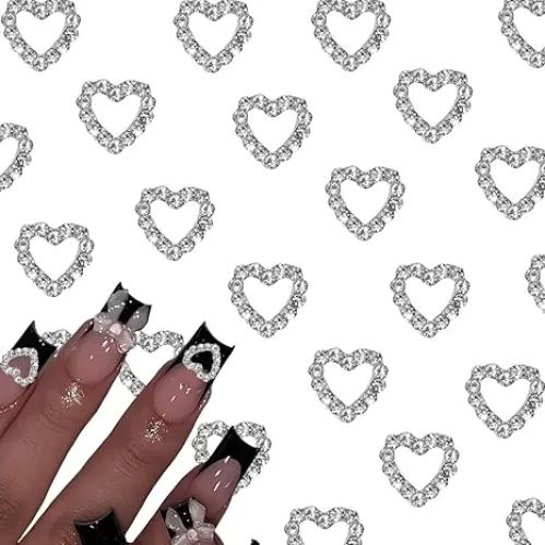 10pcs Heart Rhinestone Nail Charms 3D Glamorous Diamond Love Nail Accessories Silver Alloy Valentine Heart Shaped Nail Art Gems Pendant Jewelry Cute Nail Supplies for Nail DIY Decoration