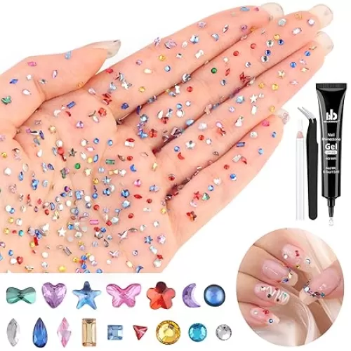1.2-3 MM 4700 PCS Muliti Shape Colorful Rhinestones for Nail Art, 3D Resin Flatback Bedazzling Gems Mini Flower Bow Heart Star Butterfly, Gems Kit with Tweezers, Pickup Pencil and 15ML Nail Glue