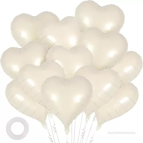 12 Cream Heart Balloons, 18 Inch Cream White Heart Shape Foil Balloons for Love, Valentine's Day, Birthday & Wedding Parties