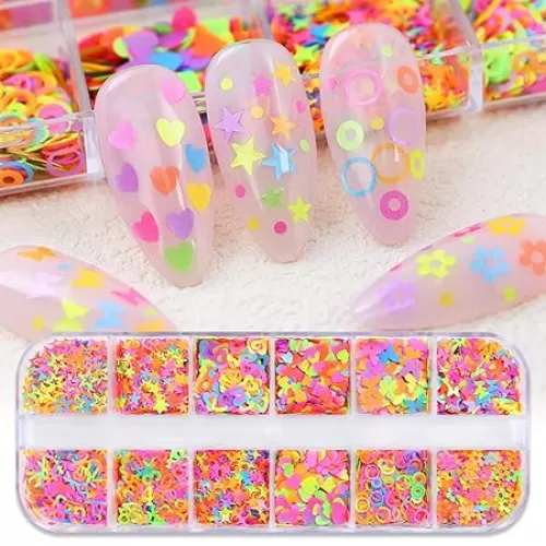 12 Grids Colorful Heart Nail Art Glitter Sequins 3D Holographic Mixed Pack Butterfly Star Letter Designs Glitter Flakes Acrylic Nail Supplies for Women Manicure Decorations Accessories Set