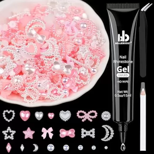 1200Pcs 3D Multi Shapes Nail Charms and Flatback Pearls, Pink&White Mix Styles Heart Star Bow Sunflower Embellishments for Nail Art, Craft and Decoration with Glue Gel, Tweezer and Pickup Pencil