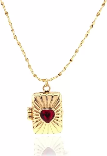 14k Gold Red Heart Locket Memory Necklace Holds Picture for Women Gifts, 20 Inch Long for Women