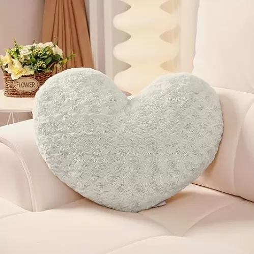 17.7In Light Grey Heart Pillow Accent Pillow Decorative Throw Pillows for Chair Bed Couch and Living Room; Fabric with Delicate Rose Pattern, Perfect for Home Decor & Gift