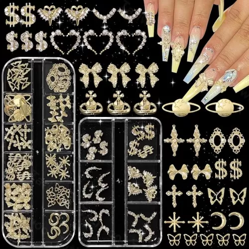 18 Styles Gold Nail Charms, Multi Shapes Heart Butterfly Bow Cross Moon Dollar Alloy Golden Nail Y2k Charms Half Heart Shapes Nails Art Rhinestones and Charm for Nails Art Supplies