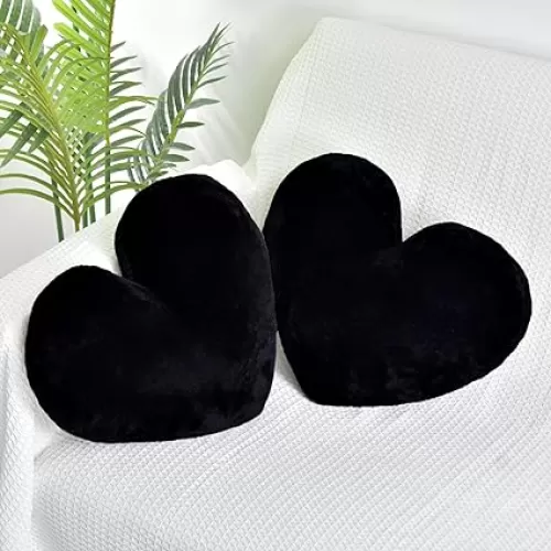 2 Pcs Black Heart Pillow Decorative Throw Pillows 16-inch Cute Soft Fluffy Heart Shaped Pillows for Bed Couch Sofa Bedroom Living Room Decor Aesthetic (Black, 16"x13.78")