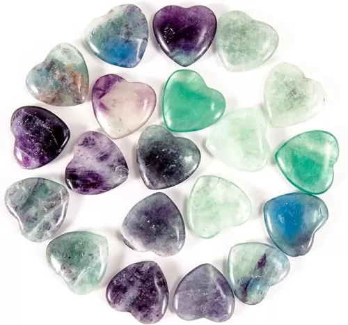 20 PCS Fluorite Crystal Heart of Stone Natural Polished Worry Stones Healing Crystal Pocket Palm Stones for Home Decoration and Jewelry Making