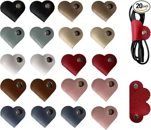 20 Pcs Leather Heart Cord Organizer, Portable Cable Straps for Headphone (9 Colors)