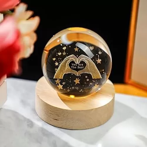 2.3in Crystal Ball Night Light with Wooden Base 3D Carved Heart Decor for Anniversary, Wedding, Birthday