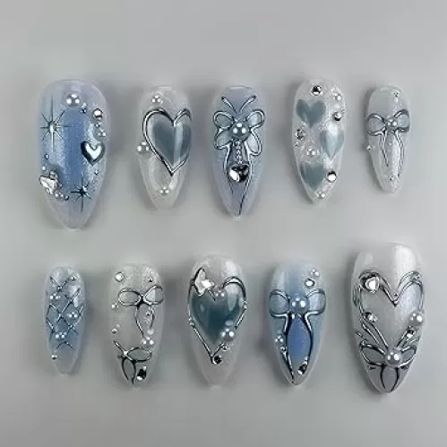 24pcs Blue Press on Nails Short Almond Shape With 3d Pearls Silver Bow False Nails Summer Reusable Acrylic Nails for Women DIY Spring Heart-Shaped Bow Line Nail Art Supplies