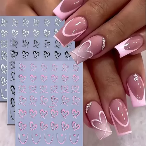 250Pcs Heart Nail Stickers Decals for Nail Art, 6 Sheets Self-Adhesive Black White Pink Graffiti Heart Patterns for Elegant Nail Art Designs Nail Accessories for Women Girls