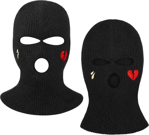 3-Hole Design Ski Mask 2 Pcs Balaclava Knitted Three Hole Mask Beanie Winter Full Face Cover for Outdoor Sports (Black, Heart Style)