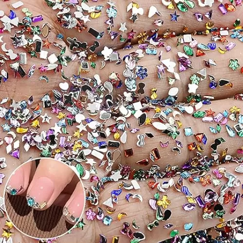 3000Pcs Colour Nail Charms 3D French Petite Nail Rhinestones Colorful Nail Gems Multi Shape Crystal Exquisite Mini Heart Star Glitter Nail Art Charms Cute Nail Supplies Decoration for Women Acrylic