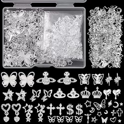 320 Pcs Silver Alloy Nail Charms & Gems, Round, Square, Oval, Heart Shapes, Nail Art Rhinestones, Craft Bead, Nail Charms, Beauty Crafts