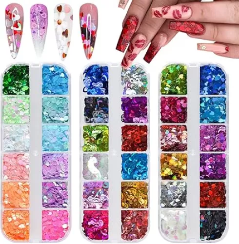 36 Colors Heart Glitter Nail Art Sequins, EBANKU Holographic Heart Shaped Nail Sequin Laser Heart Nail Art Flake Glitter Decals for Face Eyes Nail Art Decoration DIY Craft (3 Boxes)