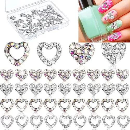 36 Pcs Heart Nail Charms for Nail Art, 3D Heart Rhinestone Decals Silver Crystal Charms Diamond Alloy Gems Decorations for Women Valentine's Decoration