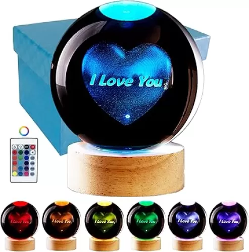 3D Crystal Ball Lamp, Lifelike LED Heart Night Light, 16 Color Changing Light, Dimmable Remote Control, Romantic I Love You Lamp
