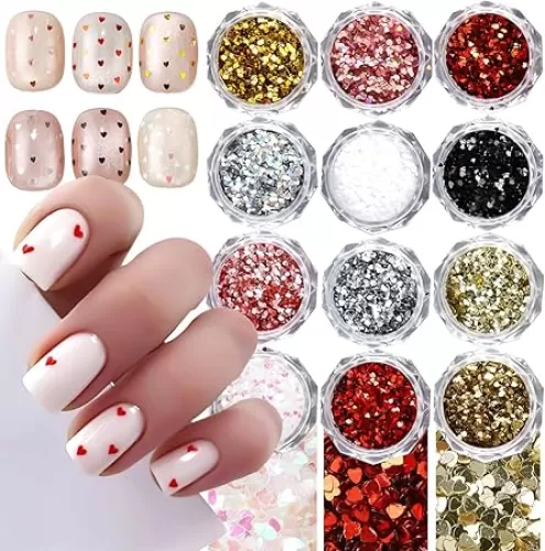 3D Heart Nail Art Flakes, 12 Jars Holographic Glitter Mini Love Heart Sequins 3D Nails Paillette, Laser Heart-Shaped Mirror Slices Nail Supplies for Nail Art Decoration Face Eyes Makeup DIY Craft