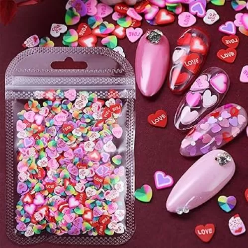 480Pcs Colorful Heart Nail Art Charms for Manicure Decoration Valentine's Day 3D Pink Red Heart Polymer Clay Nail Charms Bag-Packed Love Soft Clay Slices Nail Art Accessories Mixed Style DIY