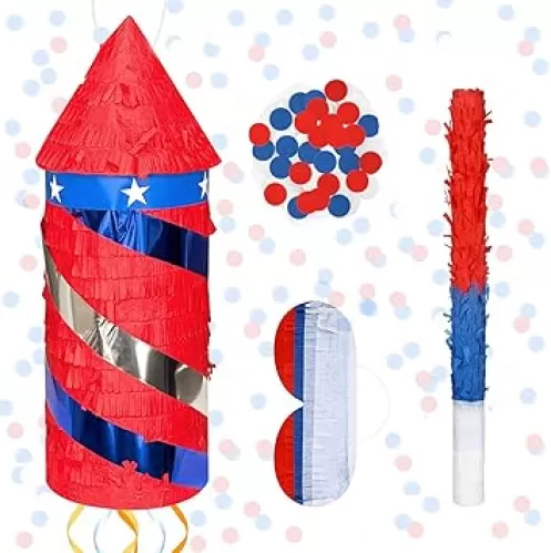 4th of July Pinata Patriotic Rocket Pinata 17 x 6.3 x 6.3 inch Red White Blue with Stick Confetti and Mask for Memorial Day Independence Day Patriotic Party Decorations
