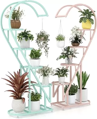 5 Tier Plant Stand - Metal Indoor/Outdoor Plant Shelf with Hanging Hook, Heart Shaped Design for Home Decor, Living Room Balcony, Perfect for Multiple Plants - 2 Pack