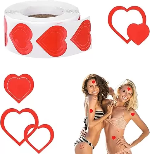 500 Pcs Tanning Stickers for Body Sunbathing, Tanning Bed Stickers, Perforated Strong Self Adhesive Red Heart Body Decal for Summer Suntan Beach Tan (Heart, 3 Type)