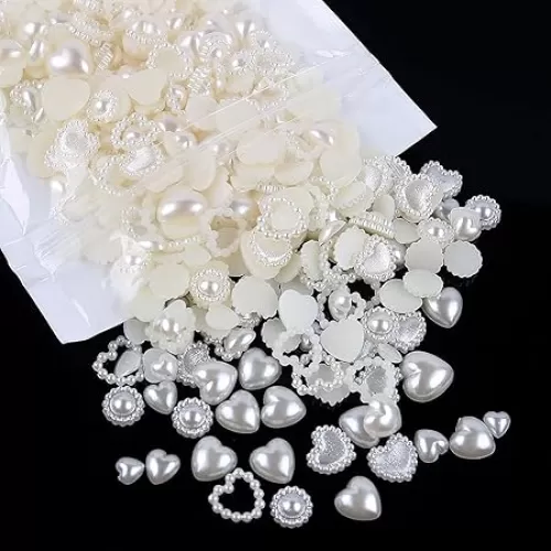 500Pcs Creamy-white Pearls Heart Nail Charms Mixed Styles Flatback Heart Cute Assorted Beads 3D Nail Art Charms Crafts Material Embellishments for DIY Crafts Accessories