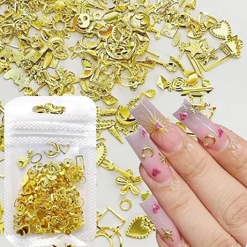 500Pcs Star Nail Art Charms Gold Nail Charms Kit 3D Multi Shape Alloy Heart Flower Butterfly Bow Star Charms for Nails Design Metallic Studs Star Nail Gems Rhinestones for Women Acrylic Nail Supplies