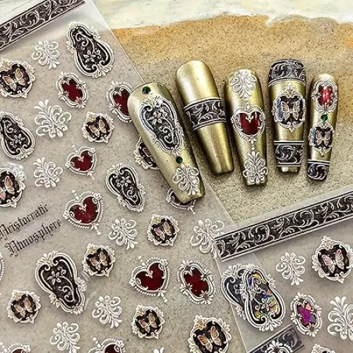 5D Embossed Heart Shaped Nail Art Stickers 2 Sheets Vintage Nail Decals Self Adhesive Stickers para uñas Butterfly Nail Stickers for Nail Art Creative Nail Accessories Perfect for DIY Nail Designs
