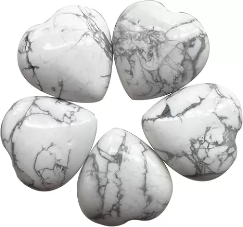 5Pcs Natural White Howlite Turquoise Crystal Love Heart Stone, Polished Palm Pocket Stones Healing Therapy Chakra Balancing 1 Inch(25mm)
