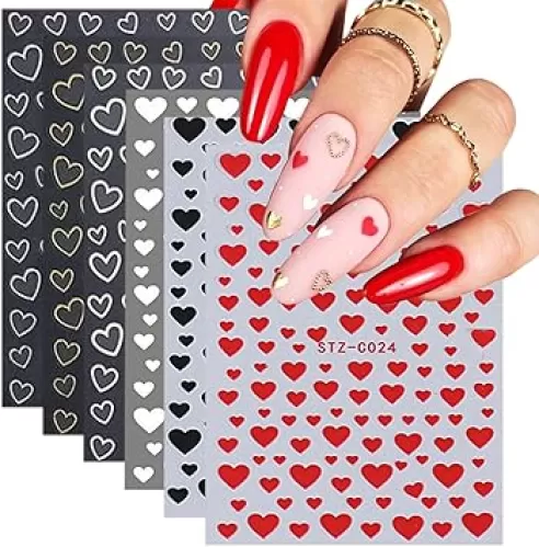 6 Sheets 3D Self-Adhesive Glitter Heart Nail Art Stickers - Red Gold Designs Love Nail Decals DIY Colorful Nail Art Supplies for Women Girls Manicure Decorations