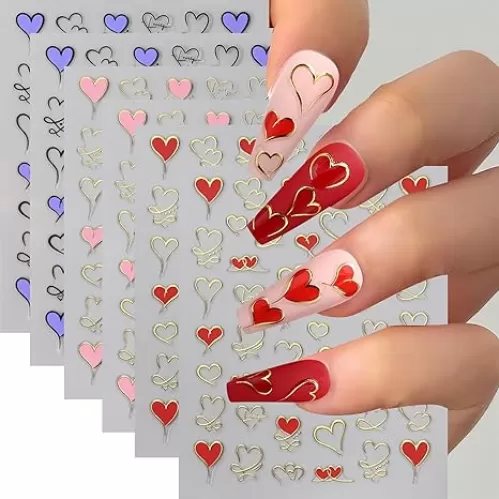 6 Sheets Heart Nail Art Stickers Love Hearts Nail Decals 3D Self Adhesive Pink Purple Red Heart Nail Design Stickers Valentine's Day Hollow Heart Nail Supplies for Women Girls DIY Acrylic Manicure Set