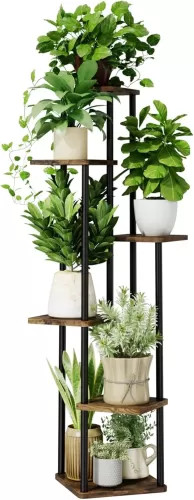 6 Tiered Plant Stand Indoor Corner Plant Shelf for Multiple Plants for Patio Garden Balcony Living Room Bedroom, Tall Metal Flower Pots Stand Relaxing for Women Gift Brown Oak