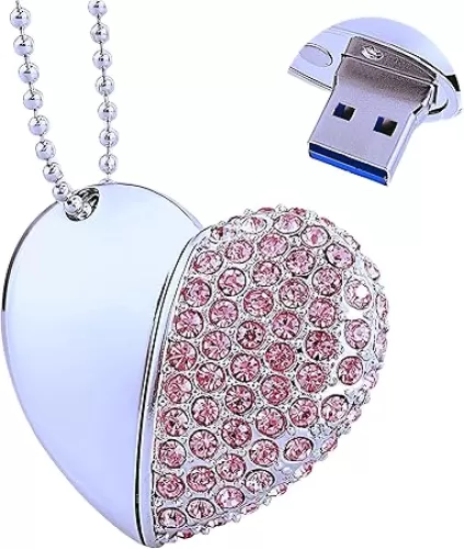 64GB USB 3.0 Flash Drive Diamond Heart with Necklace Memory Stick High Speed Data Storage Pink