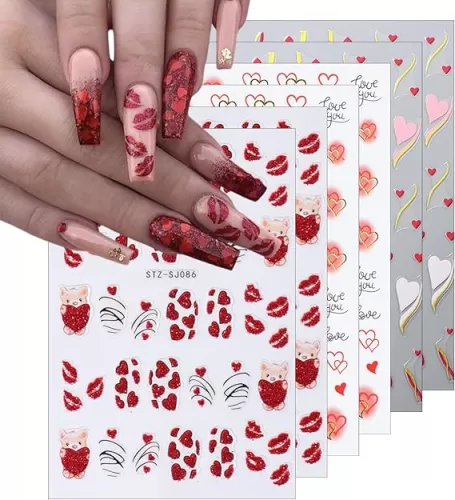 6pcs Valentine's Day Nail Art Stickers 3D Heart Shape Self-Adhesive Cute Bear White Red Pink Love Heart Design Nail Decals Gold Curve Design Nail Decals Suitable for Women Girls Nail Art Decoration