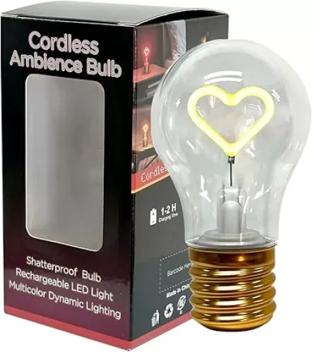 7-Color Heart Shape Cordless Light Bulb, LED Night LightBulb Home Decor, Plastic Moon Light Lamp, Valentines Day Decorations Bulb, Rechargeable USB-C Table Lamp, Hand-Crankable Color Change