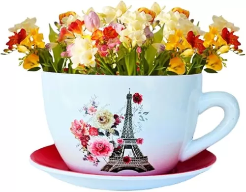 7.5" Ceramic Teacup Planter Pot with Saucer | Ideal for Succulents, Orchids, Herbs & Flowers | Indoor & Outdoor Use | Thoughtful Gift for Women