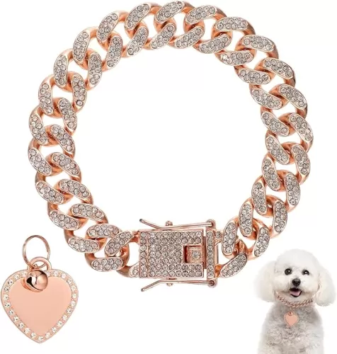 7.87 Inch Dog Chain Collar, Rose Gold Diamond Collar Necklace with Heart Shape Dog Tag Rhinestones Heart Bling Dog Collar Pet ID Tag Chain for Small Medium Large Dogs Cats