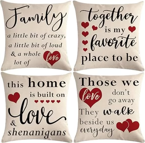 7COLORROOM 4Pack Family Saying Pillow Covers Rustic Home Words Country Red Heart Cushion Cover Farmhouse Inspirational Quotes Decor Pillowcases 18" x 18" for Housewarming Gifts Sofa/Couch/Porch (Red)