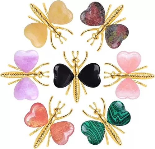 7PCS Natural Heart Shaped Healing Crystals Stones Butterfly Decor, Home Desk Fairy Garden Decorations Reiki Energy Balancing Meditation Gift for Women (7PCS, Gold)