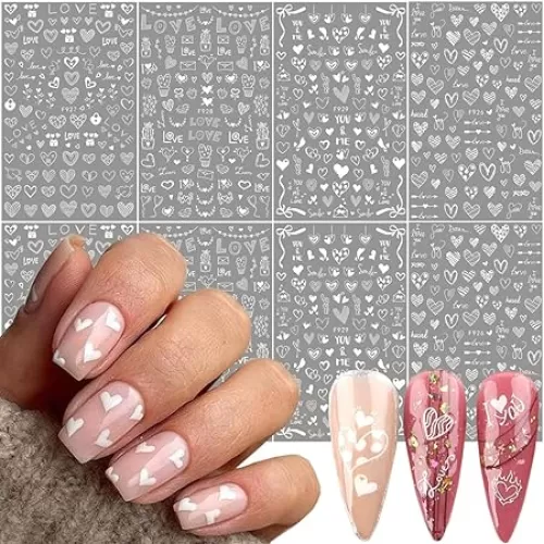 8 Sheets White Love Nail Decals - Heart Nail Art Stickers for Valentine's Day 3D Self-Adhesive Designs Simple Stylish French Nail Charms for Women Girls DIY Nail Decoration