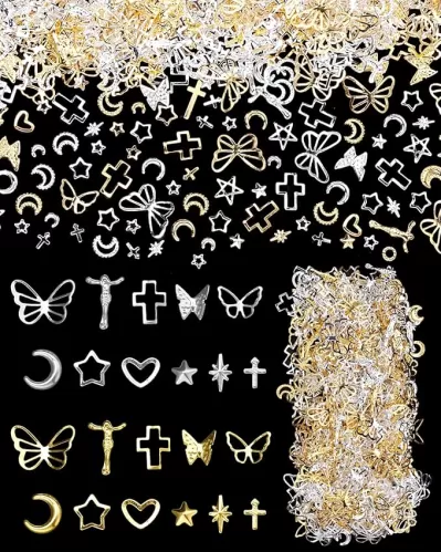 800 Pcs Silver Gold Rivet Nail Charms, Butterfly Crosses Star Moon Heart Nail Art Studs, Multiple Shapes Rivet Jewelry Accessories for Nails Art DIY