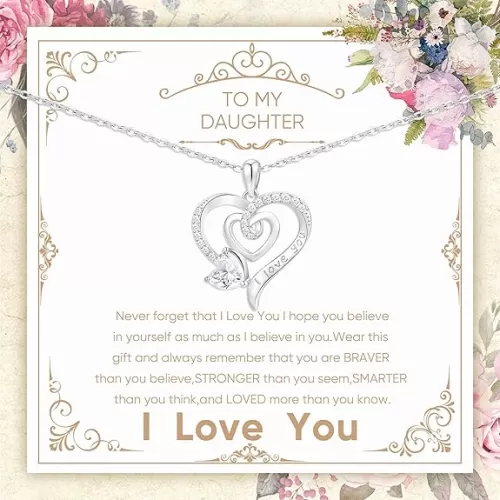 925 Sterling Silver Necklace for Mom/Daughter/Granddaughter/Grandma/Sister I Love You Heart Pendant Shiny Cubic Zirconia Jewelry Gifts for Women Birthday Wedding Anniversary Mother's Day