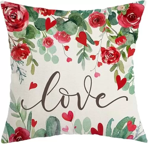 AACORS Valentines Day Pillow Cover 18X18 Inch Red Heart Rose Floral Love Decor Holiday Farmhouse Pillow Case Gifts Decoration for Home Sofa Couch AA292-18