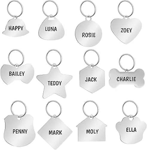 Abbylike 12 Pcs Stainless Steel Pet ID Tags Personalized Custom Engraved Cute Cat Dog Tags for Puppy Cat Dog Pet, Many Shapes Including House, Bone, Heart, Bow Tie, Circle, Bell, and More, Silver