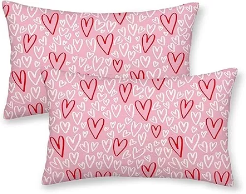 AGAYNA Valentines Pillow Covers 12x20 Pink Red White Love Heart Decor Throw Pillows Case for Couch Valentine