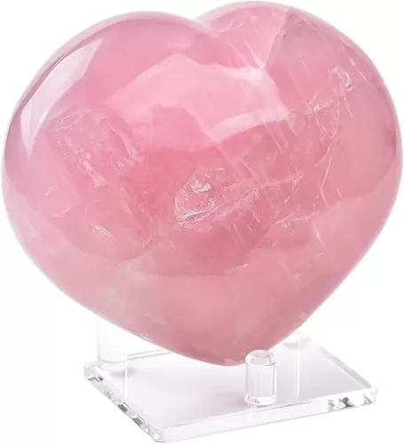 AMOYSTONE Natural Rose Quartz Heart Crystal Rocks Large Heart Puffy Worry Stone Palm Heart Love Stone Healing Crystals Heart Reiki Gemstone with Plastic Stand 5.1"-5.5" Meditation Home Decor