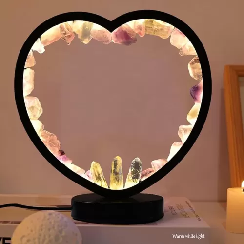 AMOYSTONE Purple Fluorite Heart Crystal Lamp USB Adjustable Tri-Color Lighting for Women/Mom Gift